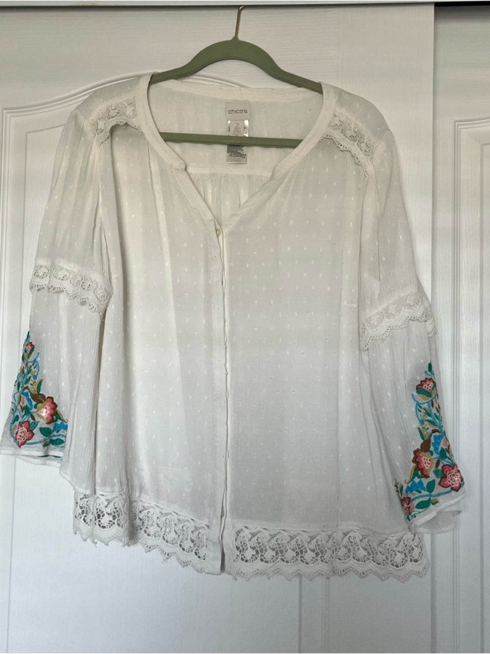Chico's White Boho Blouse with Multicolor Floral Sleeve Embroidery